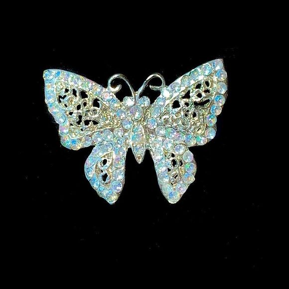 Vintage ab crystal filigree silver butterfly pin - Picture 3 of 7